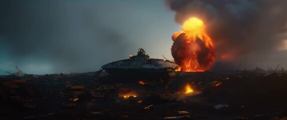 Wall Mural - Man standing in front of exploding crushed spaceship laying on planet surface. Anamorphic 4k footage