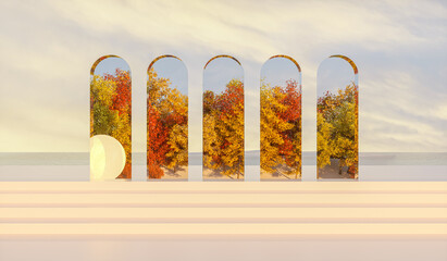 Poster - Abstract Autumn scene with mirror architecture reflect Autumn forest. 3d rendering.