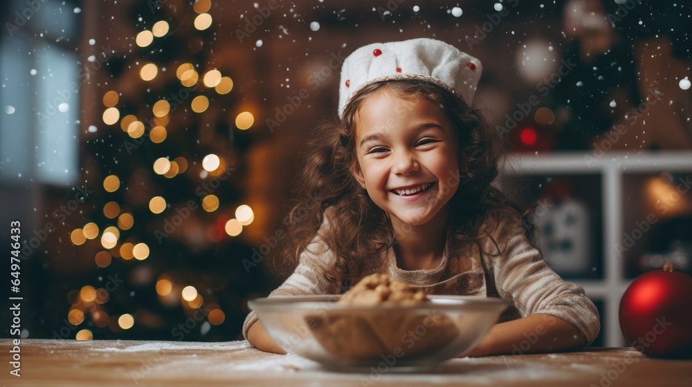 Little girl is making Christmas cookies
