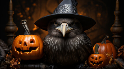 crow bird wearing witch hat with pumpkin on dark background. raven bird in the black witch hat