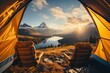 Camping in a yellow tent, holding a cup, with a stunning Lake view,Generated with AI