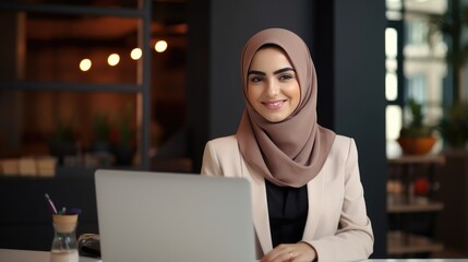 Wall Mural - Young Muslim woman wearing a hijab is working on a laptop in the office