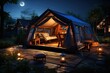 Camping under the Stars outdoor camping tent with a tarp or flysheet set up on a grass courtyard.Generated with AI