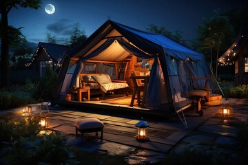 Camping under the Stars outdoor camping tent with a tarp or flysheet set up on a grass courtyard.Generated with AI