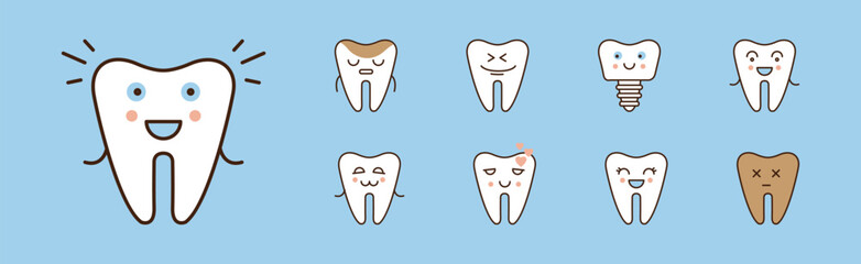 Wall Mural - Funny Little Tooth Icon with Face on Blue Background Vector Set