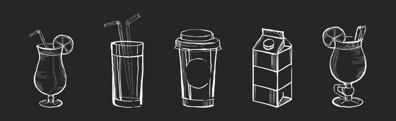 Poster - Drink and Beverage in Sketch Style Drawn with Chalk on Black Background Vector Set