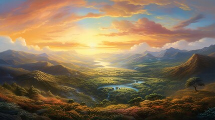 Wall Mural -  a painting of a beautiful sunset over a mountain valley with a river.  generative ai
