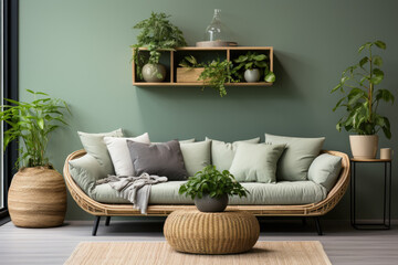 Wall Mural - A rattan sofa with light green cushions, a wicker basket, and big plants stands against a green wall with a shelf, contributing to the Scandinavian interior design of the modern living room