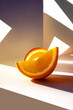 Trendy Concept of Vitamin C with slices of
orange fruit and shadows. Organic ingredient
for summer drinks, juices and cocktails.
Minimal style. Front view. Copy space. Close-up.