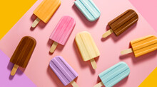 Pattern is made of colourful ice cream bars, ice
lolly, popsicle on pastel pink color
background. Trendy summer concept with
frozen ice pops. Still life. Flat lay, copy space.
Close up.