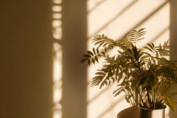 Natural trendy background in Peach Fuzz Color Of The Year 2024 with flowers, leaves and shadows from window in beige, orange brown colour. Front view.