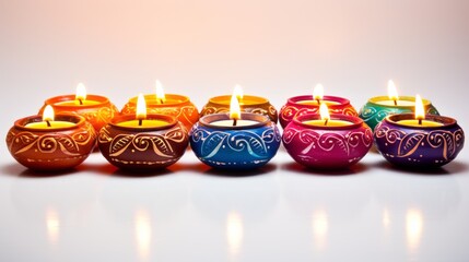 Sticker - Happy Diwali - Clay Diya lamps lit during Dipavali, Hindu festival of lights celebration. Colorful traditional oil lamp diya on white background