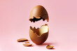 Two flying halves of Chocolate Easter egg on
pastel pink background. Holidays Easter
minimal concept. Broken Chocolate Easter
Egg. Front view. Close up. Copy space.