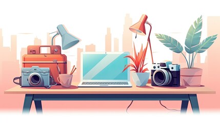 Modern desk with tools flat illustration - Generative AI.