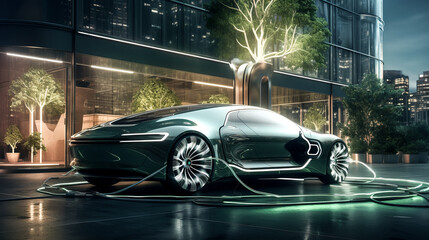 Wall Mural - A futuristic car is parked at an EV charging station, surrounded by a stunning fantasy landscape in this captivating digital artwork.