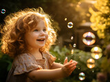 Fototapeta Dmuchawce - Blissful Moments: A Young Child's Delightful Bubble Play in a Sun-Kissed Backyard