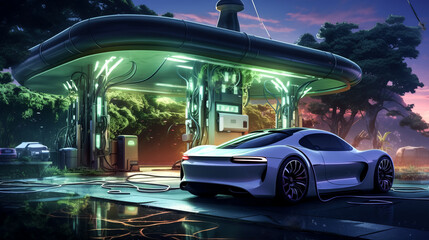 Wall Mural - A fantasy car is connected to an EV charging station, surrounded by a futuristic cityscape. It glows under the night sky.