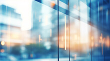 Blurred Glass Wall Of Modern Business Office Building At The Business Center Use For Background In Business Concept. Blur Corporate Business Office. Abstract Windows With A Blue Tint.