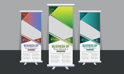 Roll up banner design template, with 3 designs, 3 colors. editable roll-up banner vector template. Corporate business advertising marketing.