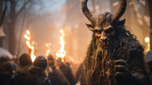 Krampus Night In Austria. People Dress Up In Scary Costumes