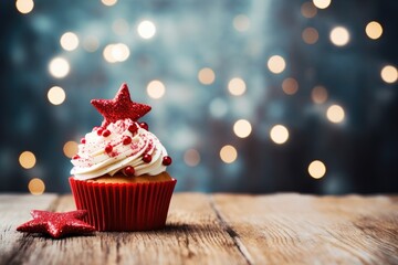 Poster - tasty christmas cupcake on wooden table