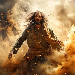 A man like Jesus walking on dust or cloud. Religious concept.