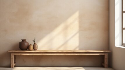 Wooden table mockup on stucco background with window shadow on the wall, beige earthy color tones