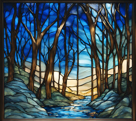 Dark blue colored night forest landscape, abstract painting in stained glass style