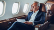 Successful Businessman entrepreneur sits in a luxurious first-class cabin or business Private jet, Comfortably travel, in-plane, fly to meeting, have a luxury lifestyle