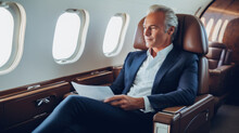 Successful Businessman Entrepreneur Sits In A Luxurious First-class Cabin Or Business Private Jet, Comfortably Travel, In-plane, Fly To Meeting, Have A Luxury Lifestyle