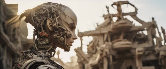 Portrait of female cyborg in white armour standing in ruined town. High quality 4k footage