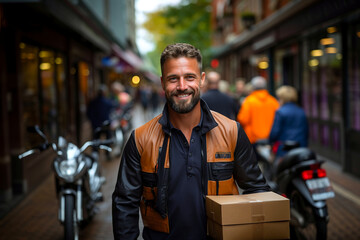 Handsome friendly adult man on street with box and motorbike behind, storage shipping. Distribution ecommerce logistics express fast deliveryman plan for supply chain black wholesale supplier