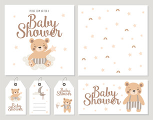 Wall Mural - Baby shower invitation birthday greeting cards set with cute bear, vector illustration