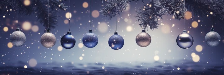 Christmas Ornaments, Blue Baubles over a Defocused Particles Background. X-Mas Event. 25th December.