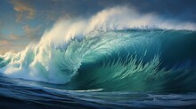  A Painting Of A Large Wave In The Ocean With A Sunset In The Background.  Generative Ai