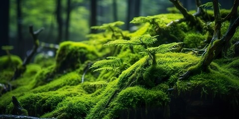 Wall Mural - Green moss closeup, with a backdrop of woodland.  Forest in the national park.