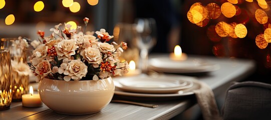 Wall Mural - Thanksgiving day table setting and beautiful centerpieces with beige flowers, roses, dahlias in vase. Banner, Close up. Generative AI.