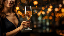 Woman Toasting With Celebration Champagne At Event Or Party With Friends, Wine For Success At Restaurant And Drinks At Social Event. Happy Woman With Smile And Glass At Birthday Dinner Copy Space