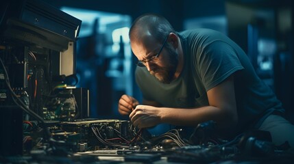 The technician repairing the computer, computer hardware, repairing, upgrade and technology 
