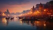 Varanasi city with ancient architecture. View of the holy Manikarnika ghat at Varanasi India at sunset 
