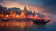 Varanasi city with ancient architecture. View of the holy Manikarnika ghat at Varanasi India at sunset 
