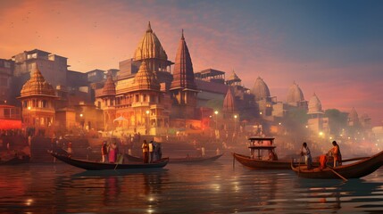 Wall Mural - Varanasi city with ancient architecture. View of the holy Manikarnika ghat at Varanasi India at sunset 
