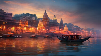 Wall Mural - Varanasi city with ancient architecture. View of the holy Manikarnika ghat at Varanasi India at sunset 
