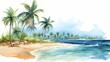 Holiday summer travel vacation illustration - Watercolor painting of palms, palm tree on teh beach with ocean sea, design for logo or t shirt, isolated on white background
