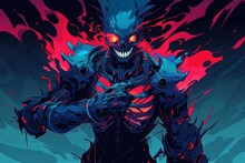 Epic Demonic Burning Skeleton Figure With Blue Body And Red Flames In Anime Style, Kawaii Style, Sci-fi Fatastic Warrior.