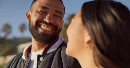 Poster - Happy, nature and couple laugh and hug for commitment, bonding and relax together outdoors. Marriage, travel and man and woman in conversation, talking and smile on holiday, vacation and sunset