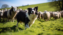 Border Collie Herding Sheep In A Lush Spring Pasture, Background, Illustrations, HD