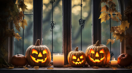 Wall Mural - Vintage wooden window decorated for Halloween party.