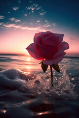 Wall Mural - In the sea early in the morning at dawn the unexpected appearance of a rose flower. AI Generation 