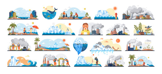 Wall Mural - climate change concepts and metaphors set. plastic bottles and packages fill water. iceberg melts, r